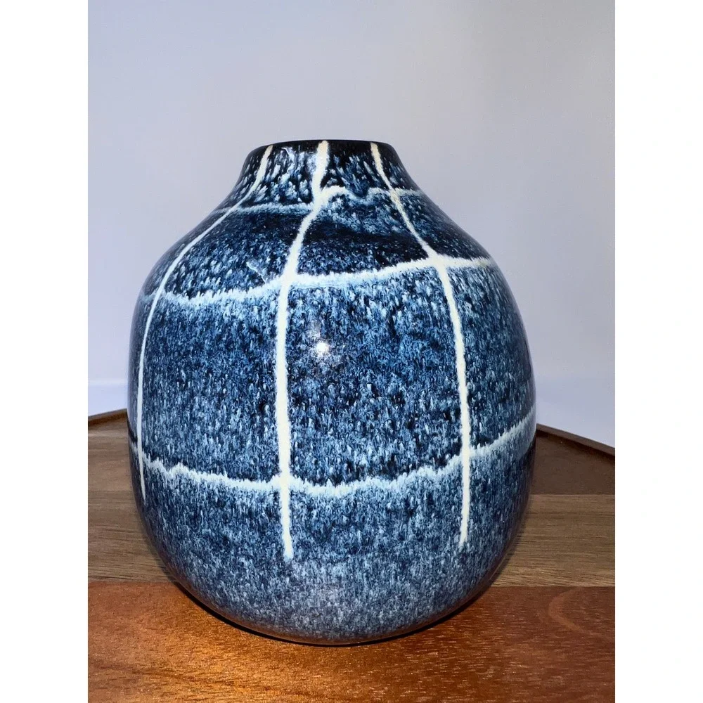 Modern‎ Blue Ceramic Vase Grid Pattern Home Decor Accent